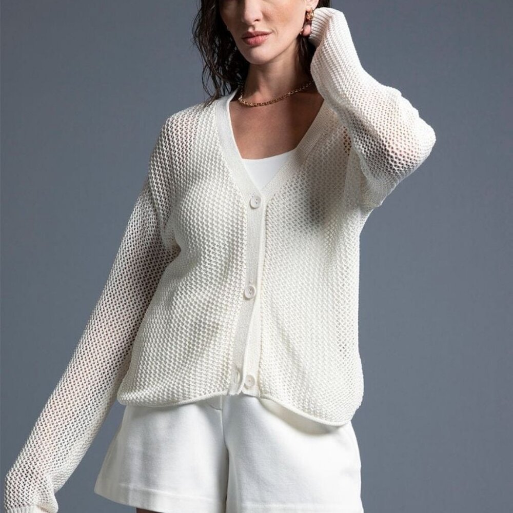 Coco Crochet Open Knit Long Sleeve Cardigan in Ivory